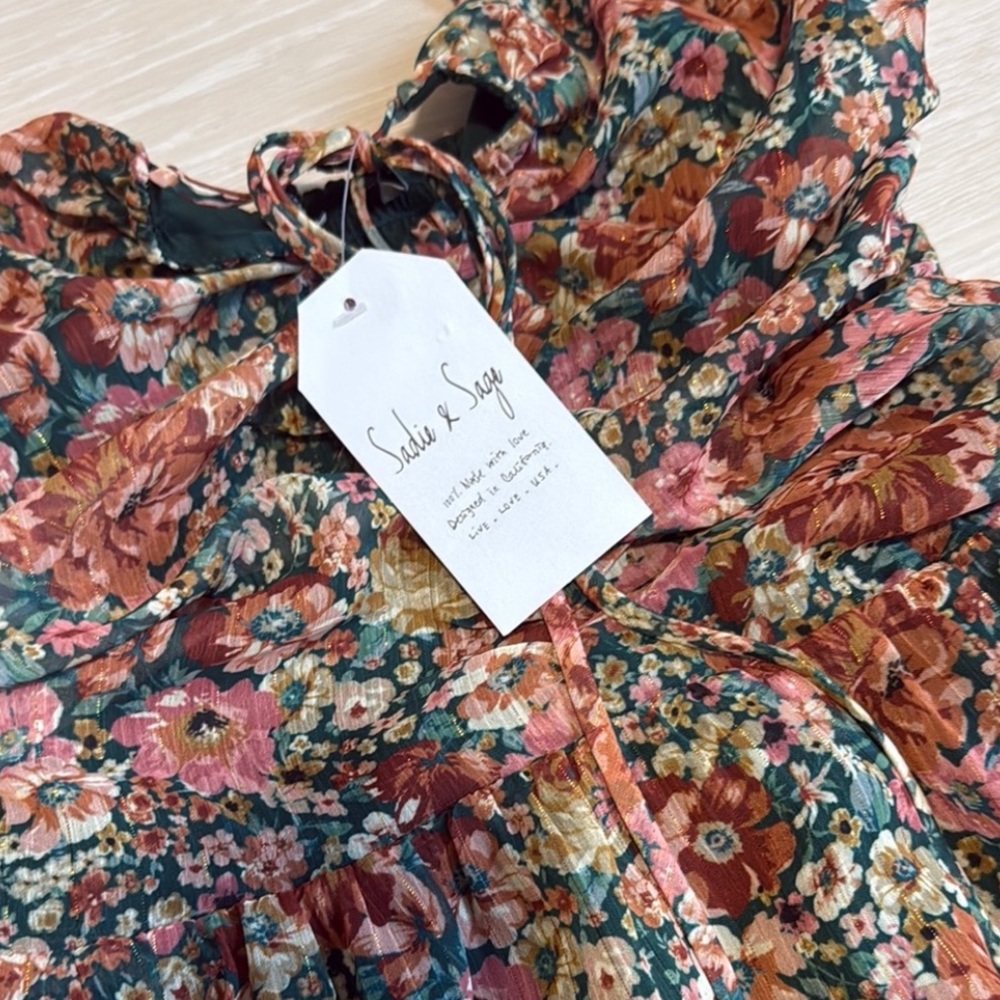Sadie & Sage Floral Green Red Smocked Halter Midi Dress - Picture 4 of 12